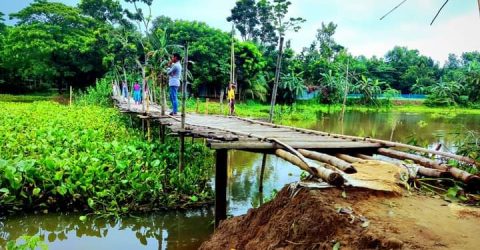 তারাকান্দায় কালীয়ান নদীর ওপর বাঁশের সাকোঁ ১১ গ্রামের মানুষের ভরসা